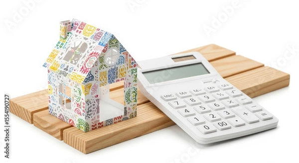 Fototapeta Colorful Miniature House and White Calculator on Light Wooden Planks Against a White Background Depicting Home Finance and Property Valuation