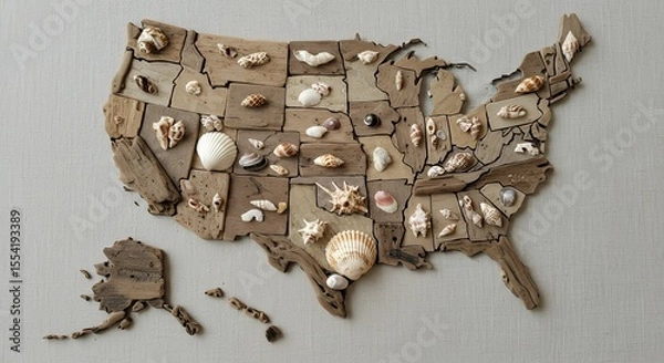 Obraz Driftwood Map of the USA Adorned with Seashells