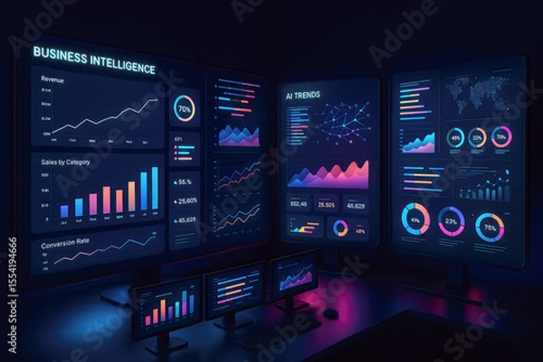 Obraz Futuristic Data Command Center Showing Business Intelligence and AI Trends on Multiple Monitors with Graphs Charts and Key Performance Indicators in Pink Blue and Orange Hues
