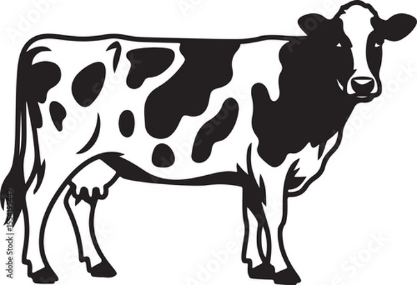 Obraz A Classic Black and White Illustration of a Holstein Cow, a Simple Line Art Style Depicting a Farm Animal, Perfect for Branding or Agricultural Designs.