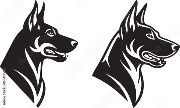 Obraz Two Doberman Pinscher Head Silhouettes, Black and White Vector Illustration, Profile Views