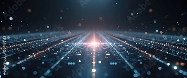 Obraz Futuristic Digital Background with Glowing Particles and Light Rays in Abstract Design