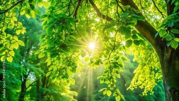Fototapeta Dense foliage with sunlight filtering through leaves of trees in a green park