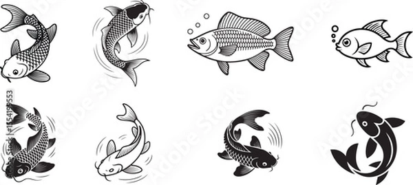 Obraz Fish Vector Icon Set | Line Art Black and White Illustration on Blank Background