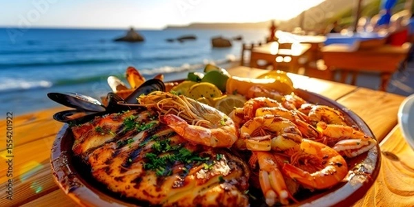 Fototapeta Grilled seafood platter with shrimp, mussels, and fish enjoying a stunning sunset view over the ocean