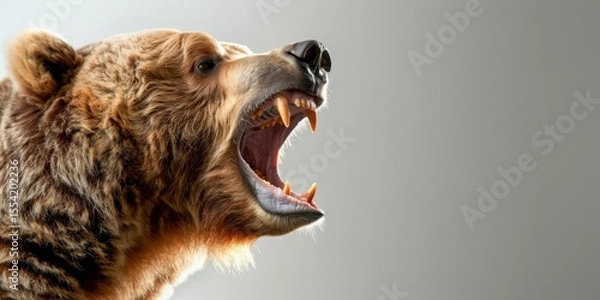 Fototapeta Brown bear showing teeth and roaring wildly on gray background