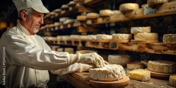 Fototapeta Cheesemaker checking wheels of cheese aging in cellar