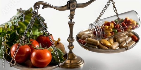 Fototapeta Weighing fresh vegetables against assorted supplement pills on a traditional scale