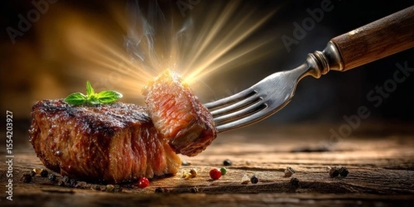 Fototapeta Fork lifting delicious piece of grilled meat with smoke and light rays