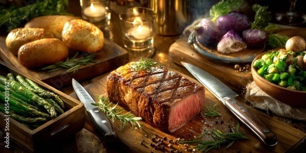 Fototapeta Sizzling grilled steak with roasted potatoes, asparagus, and mushrooms, a culinary delight