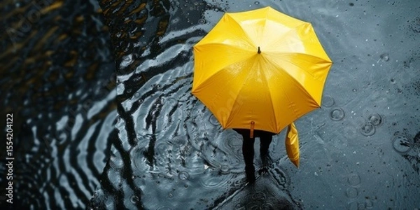 Fototapeta Pedestrian walking with yellow umbrella in the rain