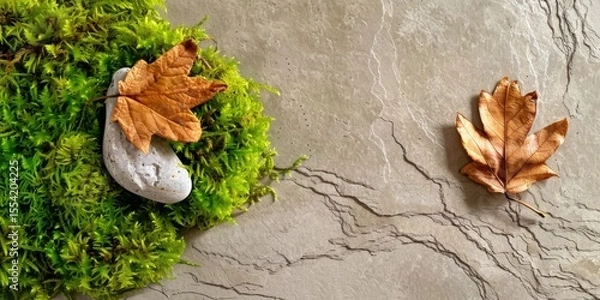 Fototapeta Autumn leaves resting on stone and moss with copy space