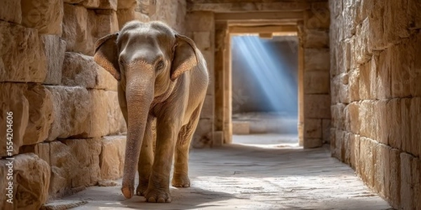 Fototapeta Majestic elephant walking through ancient stone corridor in india