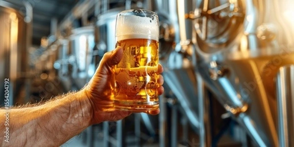 Fototapeta Brewer holding pint of fresh beer in brewery factory