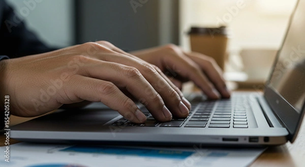 Fototapeta Close-up macro of hands typing on a laptop in a modern meeting setup. Great for digital work, remote teamwork, and business collaboration visuals.

