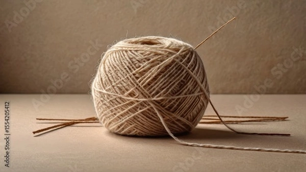 Obraz Woolen sphere of potential stories awaits, nestled gently among stray strands, promises of warmth and comfort linger