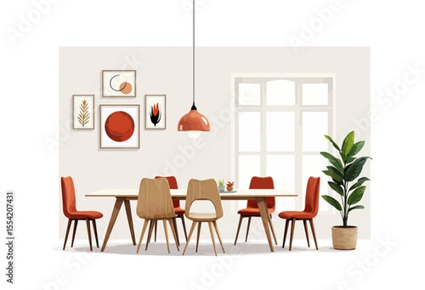 Fototapeta Modern dining room with wooden table and red chairs in minimalist style  