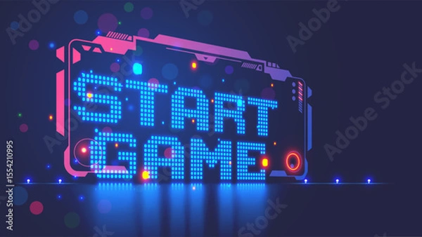 Fototapeta Start game. Banner or poster for club of video game with title start game. computer video game interface border in cyberspace with neon pixels letters. Concept banner or cover for retro gaming blog.