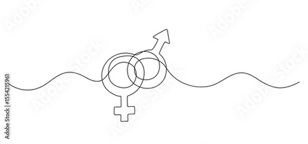 Fototapeta One line drawing, Gender symbol, man and woman icon continuous illustration, outline isolated sketch, concept of balance