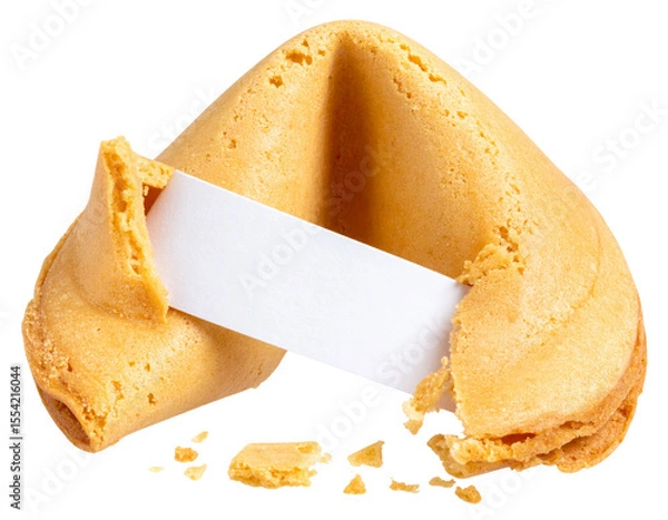 Fototapeta Broken Fortune Cookie with Fortune Paper Slip on White Surface, isolated on transparent background