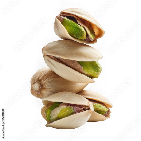 Fototapeta A vertical stack of four pistachios with shells partially open on white background