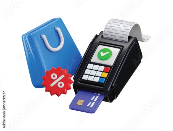 Fototapeta Shopping bag with Pos machine icon 3d render concept of payment terminal for online product shopping, packing, shopping bag credit card protection secure for online payment vector illustration