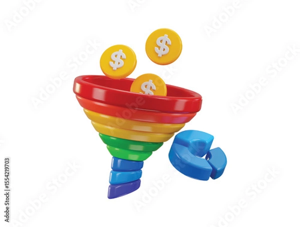 Fototapeta Funnel and dollar coin with pie chart icon 3d render concept of Marketing and Data Filtering Visuals for business vector illustration