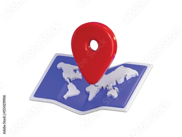 Fototapeta World map with location pin icon 3d render concept of Holiday and travel, GPS location navigation service icon vector illustration