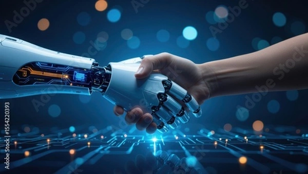 Fototapeta Human hand and robotic arm shake in a futuristic digital circuit board environment