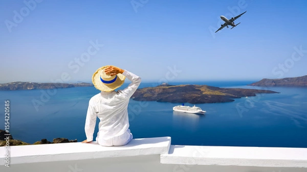 Fototapeta Happy moment freedom young tourist man lifestyle Relaxation as fresh of summer with back view of young man in hat  at  Santorini island ,Greece