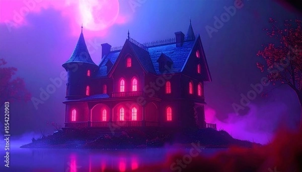 Obraz Mysterious Haunted Mansion In Snowy Landscape At Night With Pink And Purple Lighting