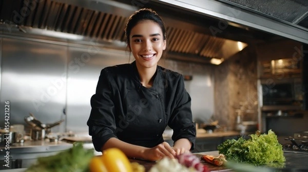 Fototapeta A female chef smiling in a professional kitchen with fresh vegetables on the counter