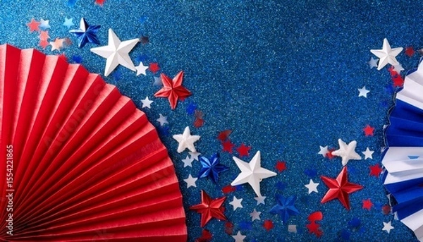 Obraz Red, white and blue paper fans on blue glitter background for fourth of july with copy space. Generated image
