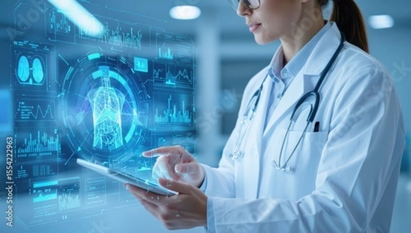 Fototapeta Medical professional engages with advanced holographic display of human anatomy and health data analytics