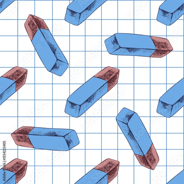 Fototapeta Hand drawn vintage seamless pattern of blue and red pencil erasers on grid paper background, colorful vector