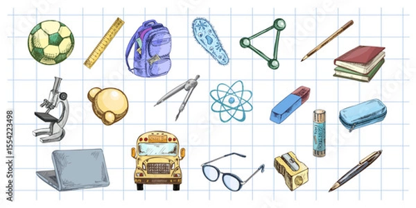 Fototapeta Hand drawn vintage vector set of colorful school and science supplies on squared notebook background for education design