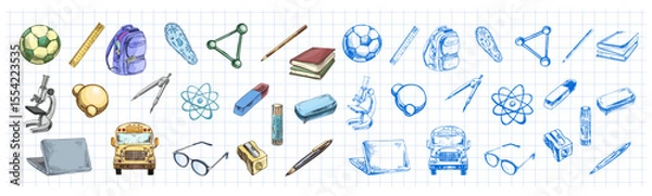 Fototapeta Hand drawn vintage set of colorful and monochrome school supplies and science objects on grid paper background