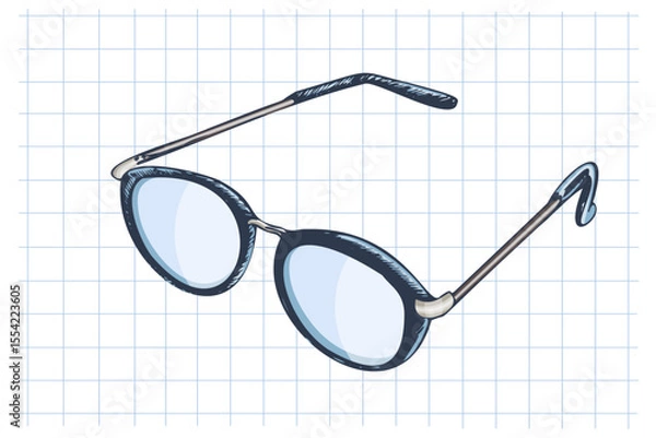 Fototapeta Hand drawn vintage sketch of eyeglasses with round lenses isolated on grid  notebook background, vector illustration