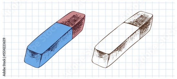 Fototapeta Hand drawn vintage sketch of two erasers in color and monochrome version on grid notebook background, vector illustration