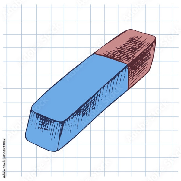 Fototapeta Hand drawn vintage sketch of blue and red school eraser isolated on grid notebook background, vector illustration