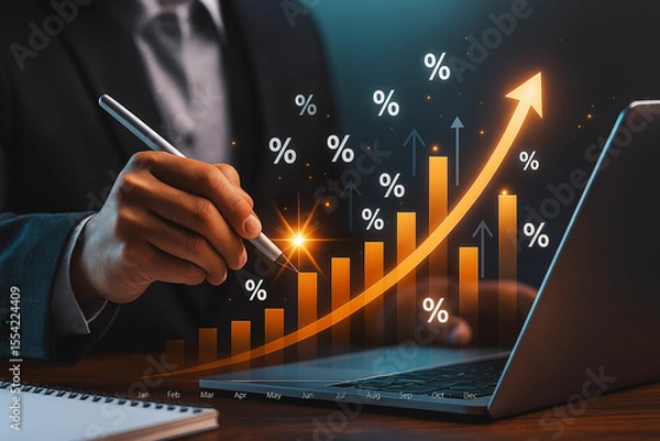 Fototapeta Businessman analyzing financial growth with a rising bar chart and percentage symbols
