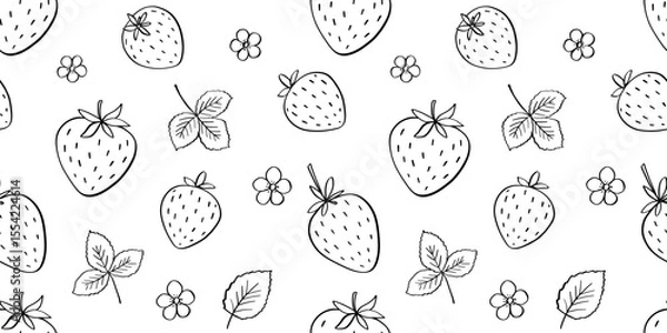 Fototapeta Seamless pattern with strawberry and leaves vector doodle illustration, berry outline sketch, hand drawn icon of summer food and flowers
