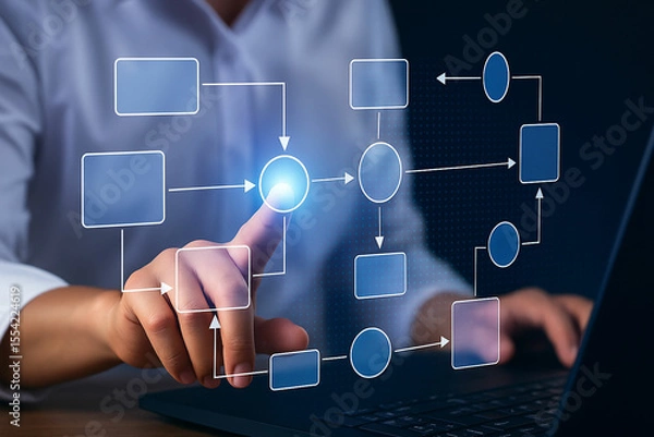 Fototapeta Person s finger interacting with a digital flowchart on a futuristic interface