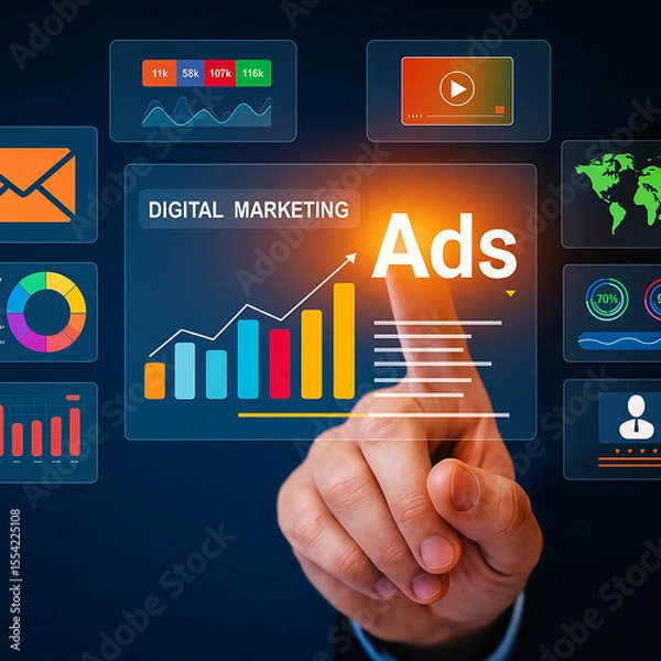 Fototapeta Hand interacting with digital marketing interface showing graphs and data
