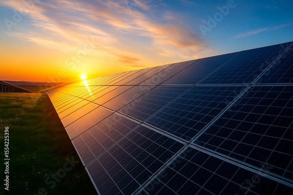Fototapeta Solar panels reflecting the warm glow of a vibrant sunset in a grassy field