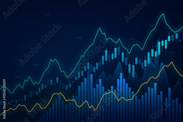 Fototapeta Financial stock market data analysis with candlestick charts and line graphs