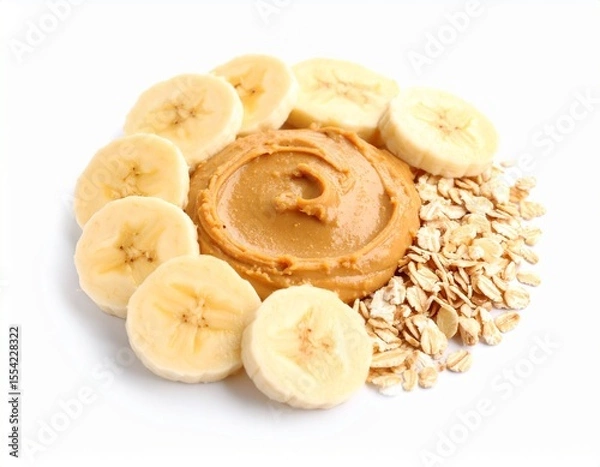 Fototapeta Fresh banana slices arranged around a dollop of creamy peanut butter with rolled oats on a white background, healthy snack or breakfast ingredients