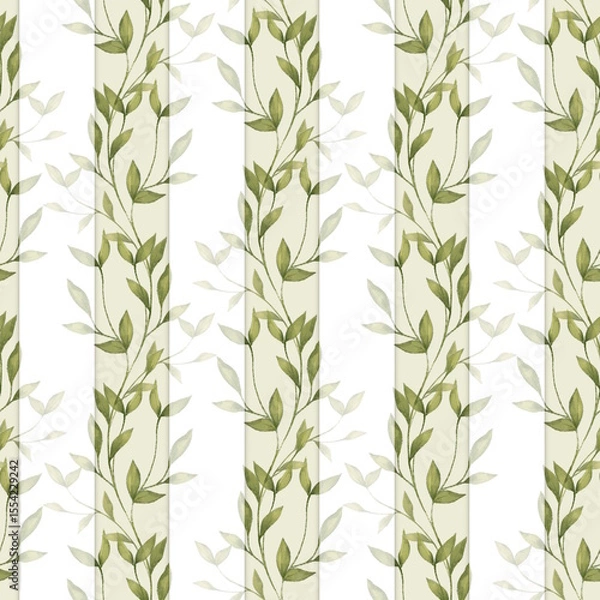 Fototapeta Hand-Drawn Seamless Green Leaf Vertical Stripe Pattern Illustration