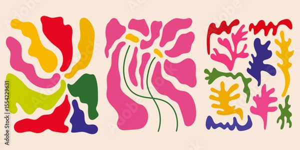 Obraz Colorful Matisse-style poster set, flowers, leaves, and abstract shapes