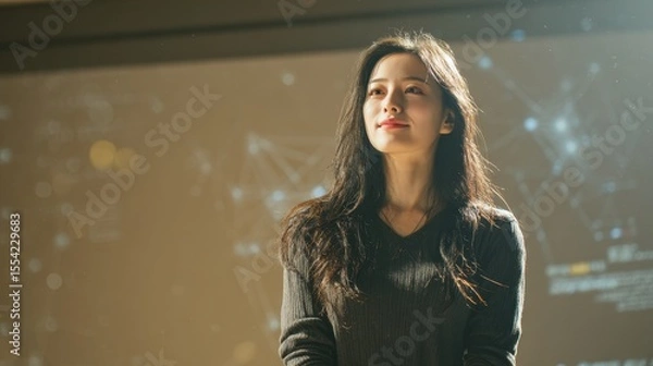 Fototapeta Young woman in front of a projection screen with abstract graphics